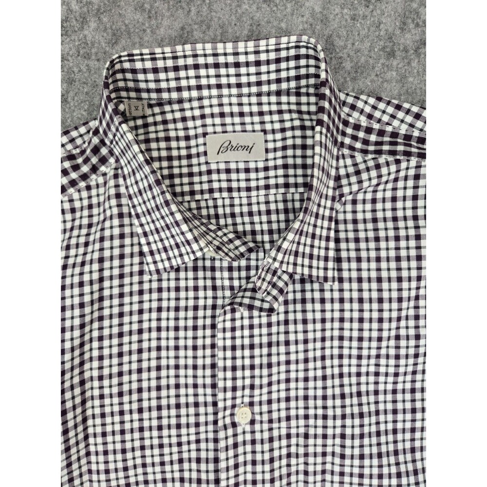 Brioni Casual Shirt Sz XL White Purple Check Contrasting Stich Button Up Italy